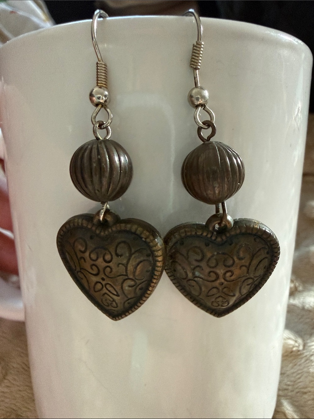 Antique-Style Heart Drop Earrings in Bronze
